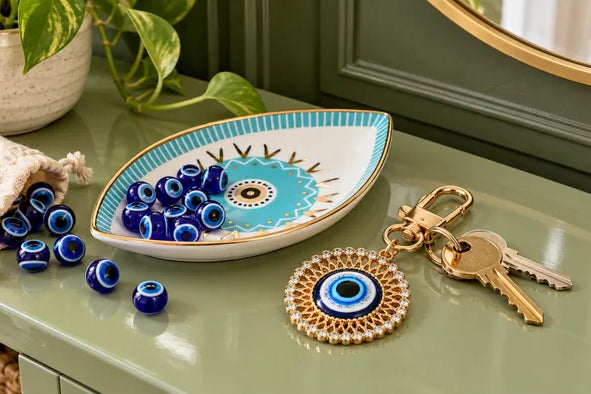 Blue evil eye beads, a ceramic eye dish and a gold eye keychain on a green console table