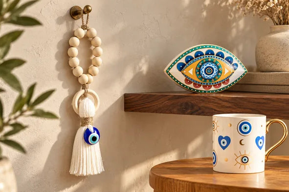 Evil eye wall hanging, eye-shaped ceramic dish and patterned mug on wooden shelves