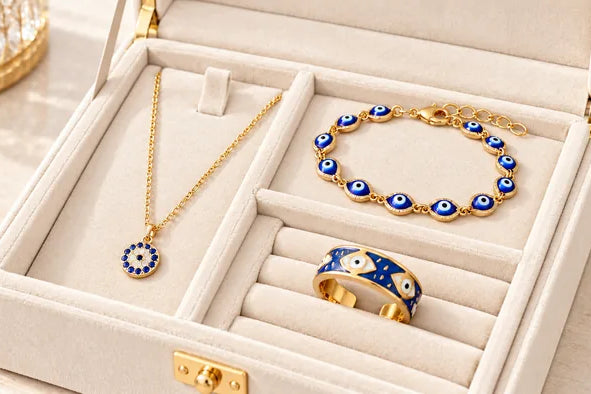 Gold tone evil eye necklace, bracelet and blue enamel ring in an ivory suede jewelry box