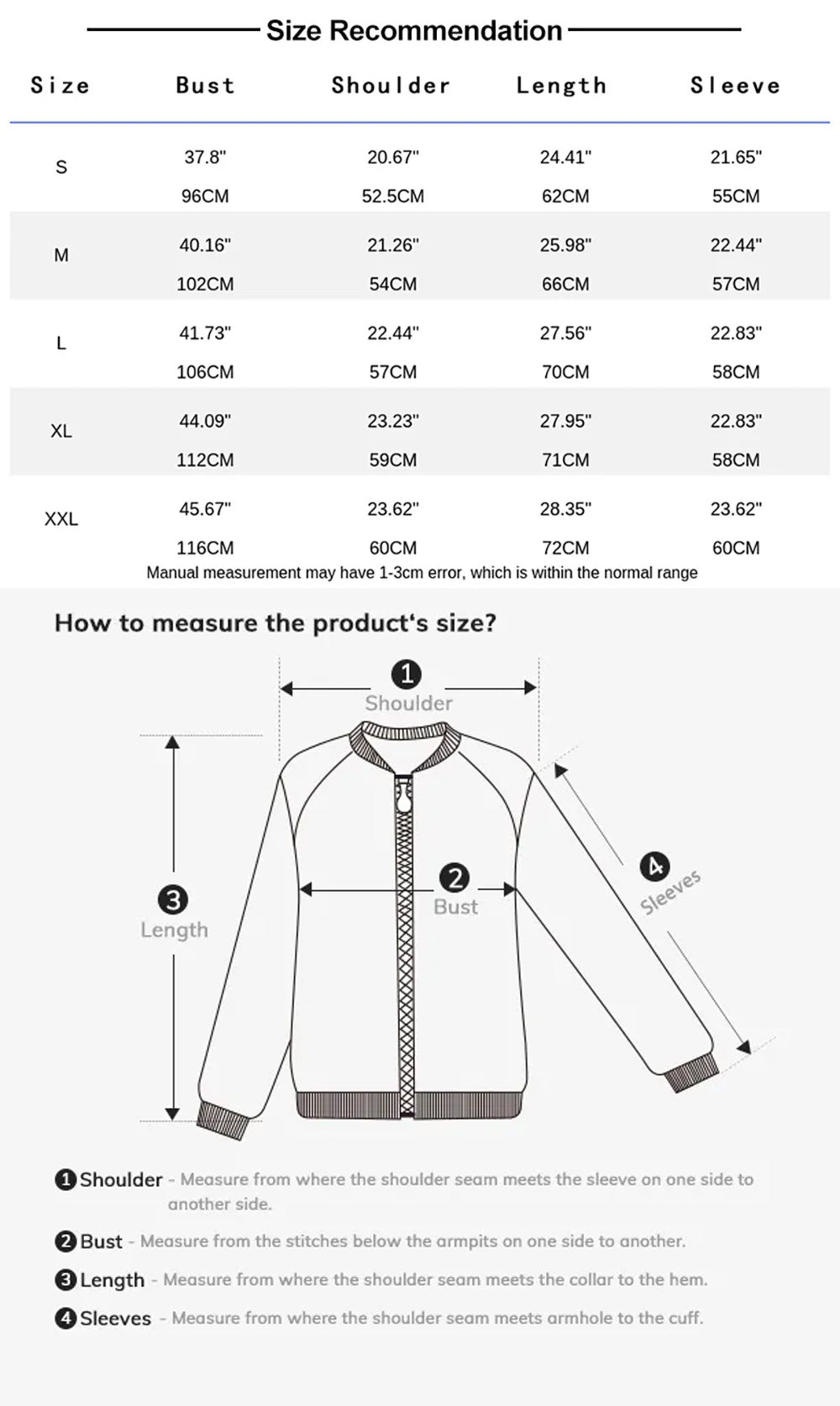 Hoodie size chart with garment measurements in centimeters and inches