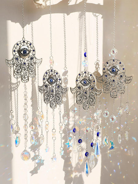 Elegant Hamsa Hand & Evil Eye Crystal Suncatcher: A Radiant Rainbow Prism for Home and Garden