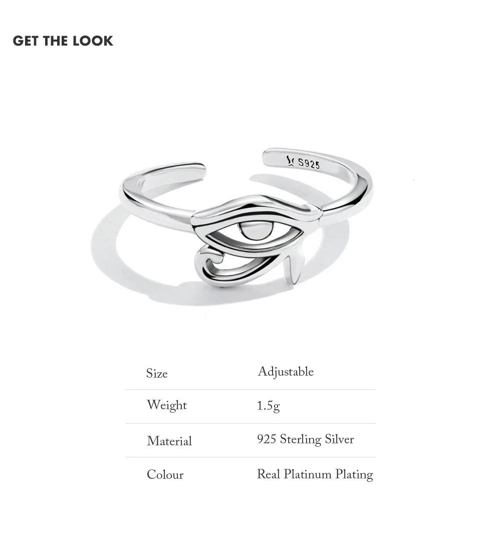 925 sterling silver adjustable evil eye ring with size, weight and material details