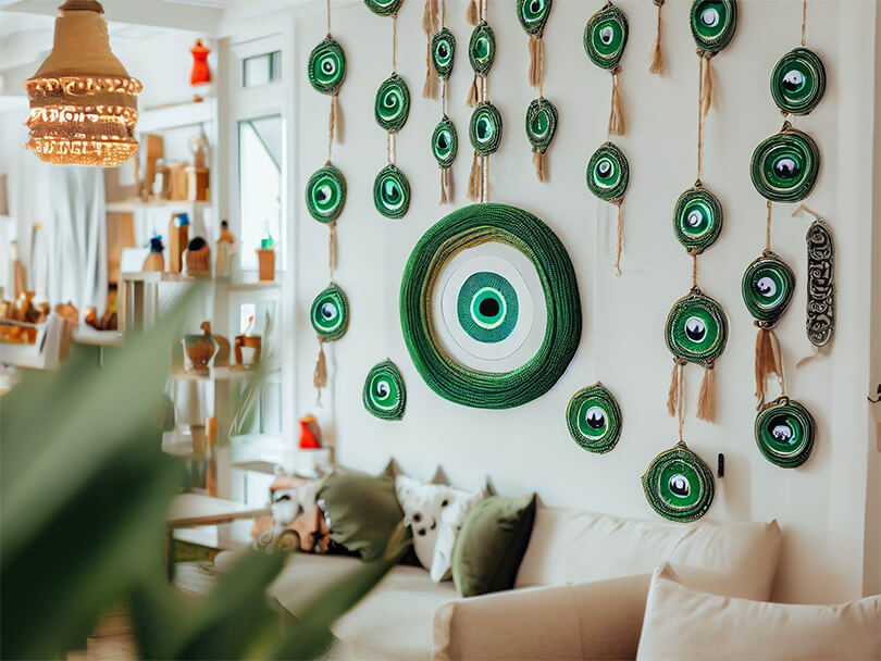 A home decorated with green evil eye wall hangings