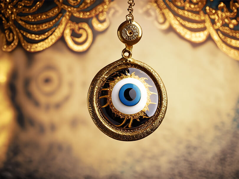 Gold evil eye charm against a cultural backdrop