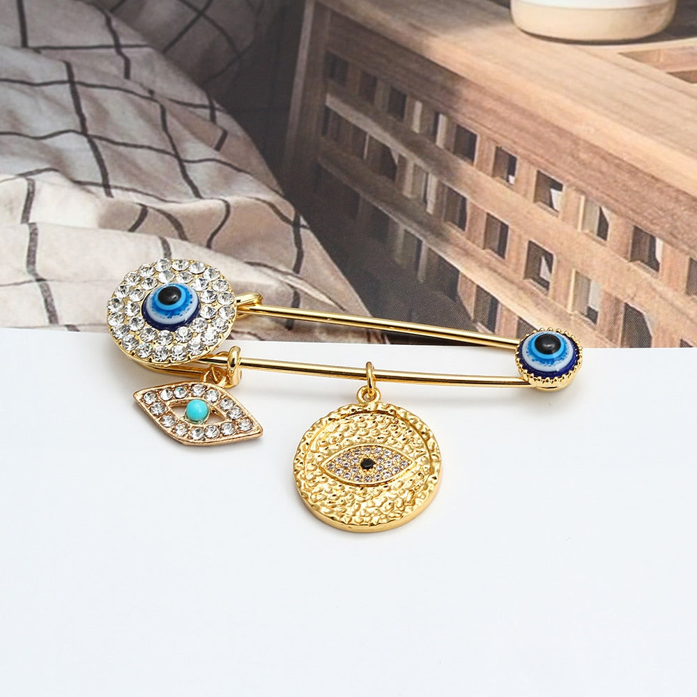 Elegant Gold-Toned Turkish Evil Eye Brooch with Tassel Detail – Timeless Charm for Women & Girls