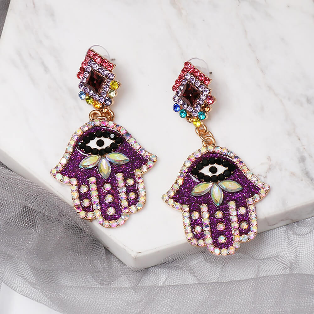 Enchanting Hamsa Evil Eye Drop Earrings: Vintage Crystal Jewelry Gift