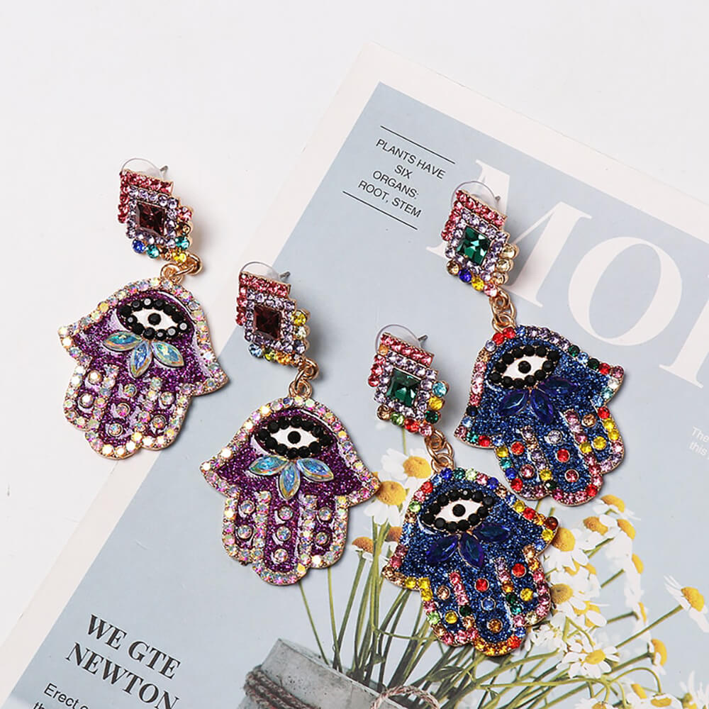Enchanting Hamsa Evil Eye Drop Earrings: Vintage Crystal Jewelry Gift
