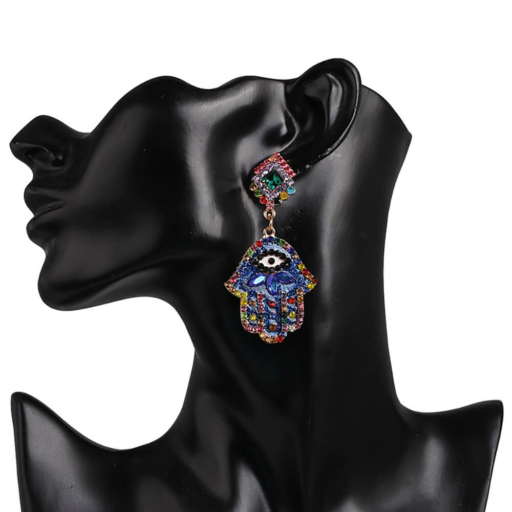 Enchanting Hamsa Evil Eye Drop Earrings: Vintage Crystal Jewelry Gift