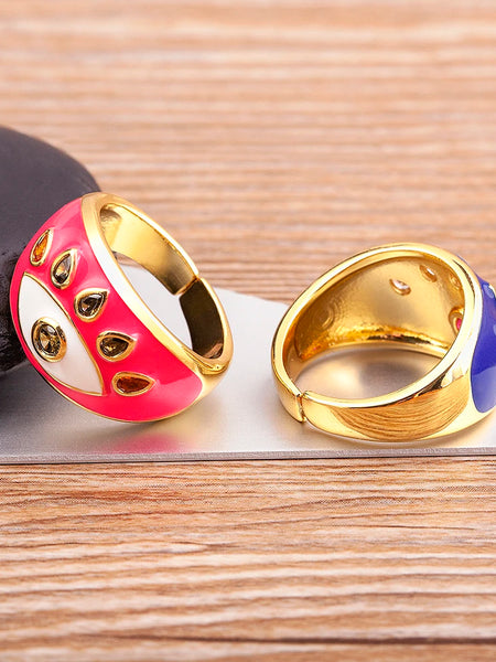 Dazzling Rainbow Zircon Evil Eye Ring for Women - Stylish Wedding Band with Colorful Enamel Accents