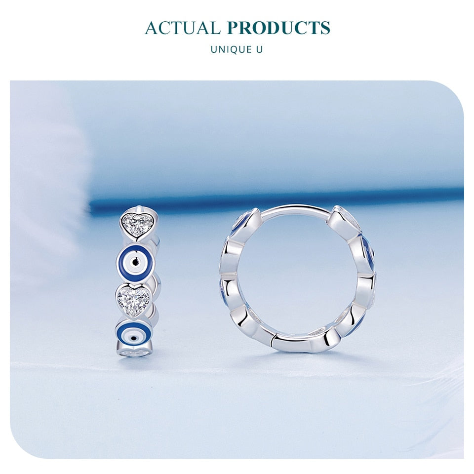 925 Sterling Silver Blue Evil Eye Ear Buckles Heart-shaped Zircon Hoop Earrings for Women Gift Fine Jewelry