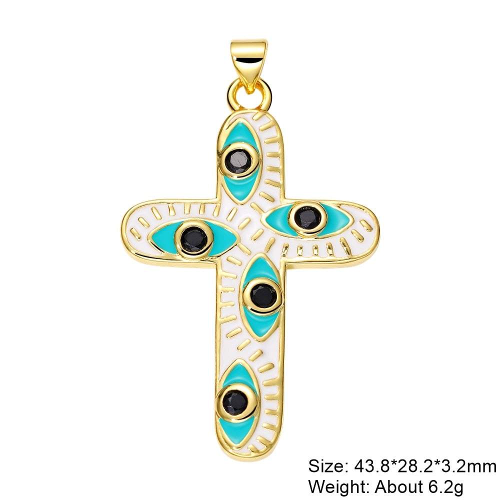 Exquisite 18K Gold Plated Evil Eye Cross Charm: Handcrafted with Vibrant Enamel and Premium Zircon