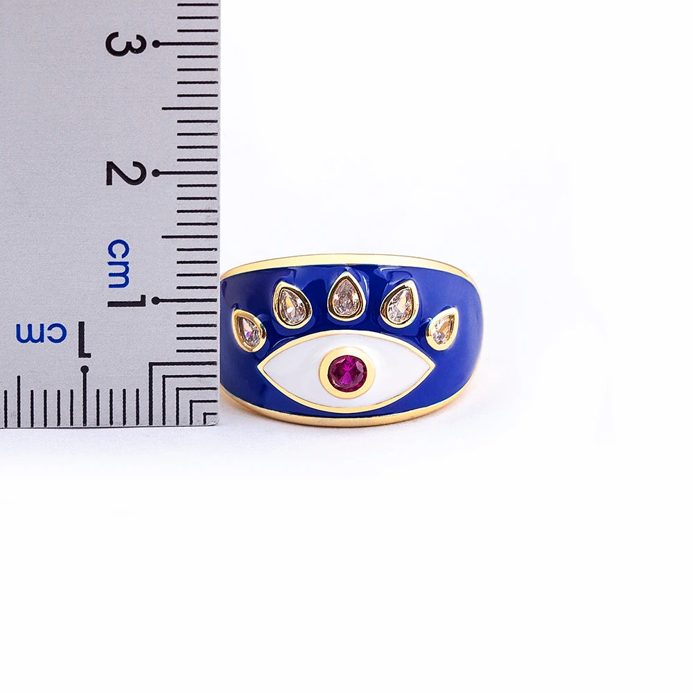 Dazzling Rainbow Zircon Evil Eye Ring for Women - Stylish Wedding Band with Colorful Enamel Accents