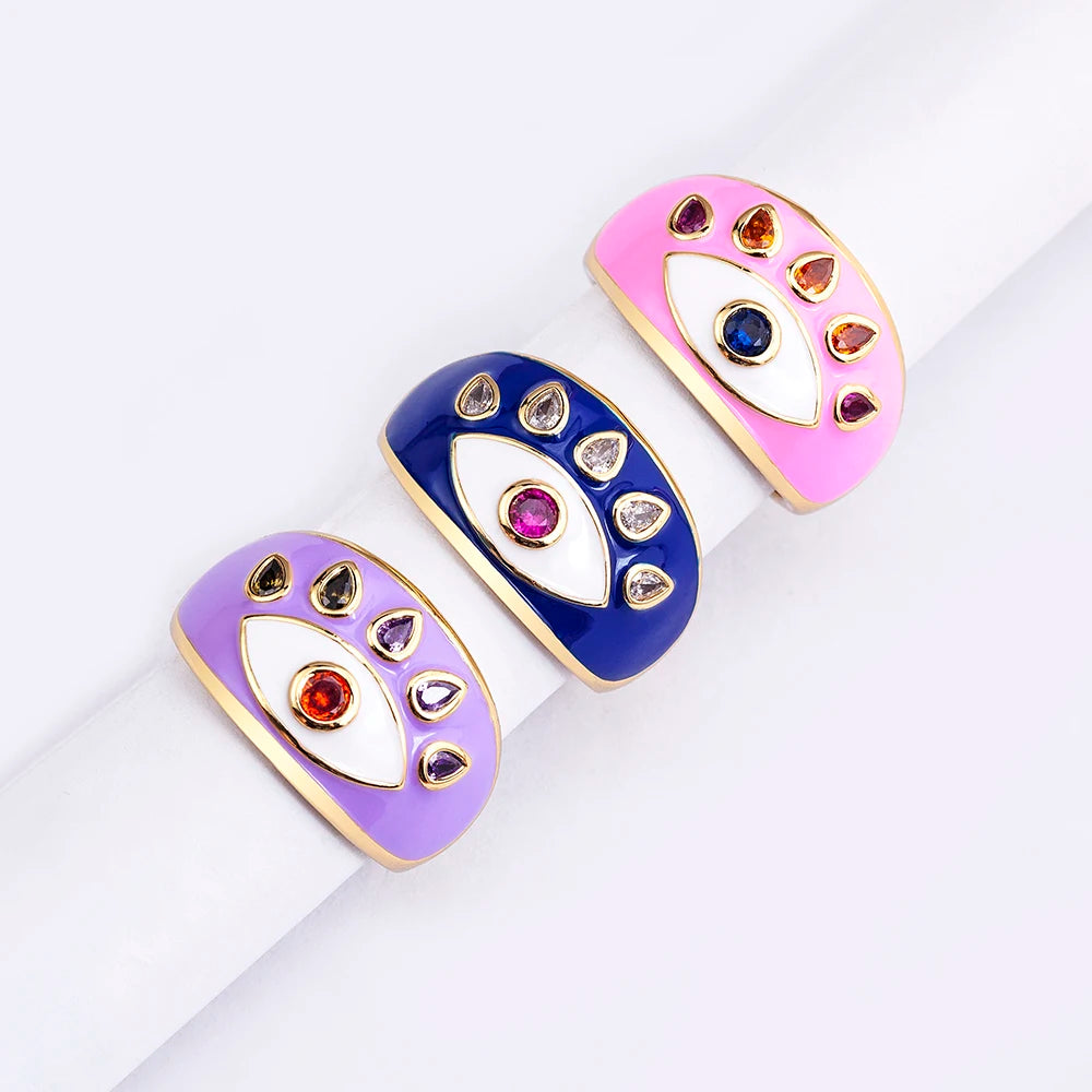 Dazzling Rainbow Zircon Evil Eye Ring for Women - Stylish Wedding Band with Colorful Enamel Accents