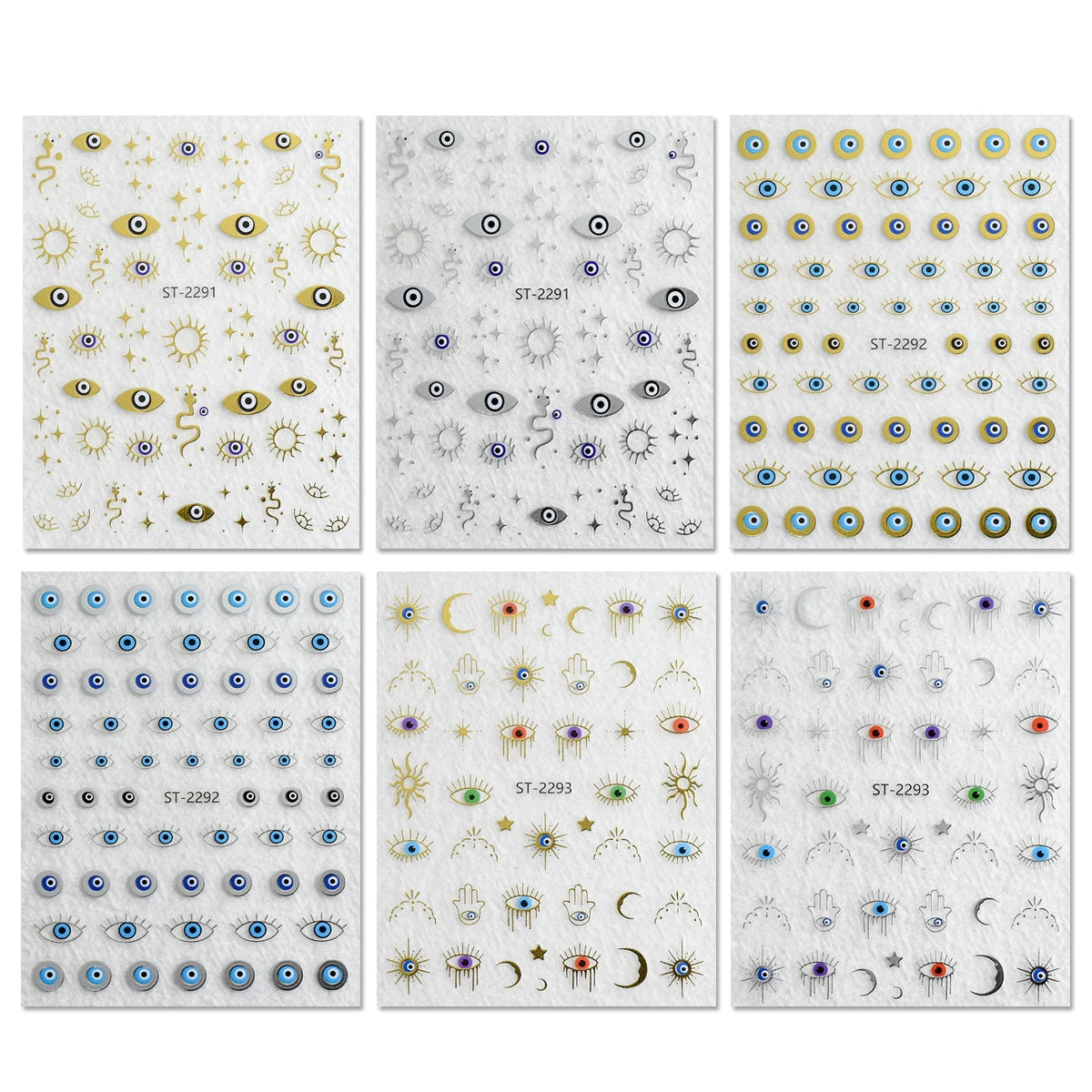 Six sheets of decorative hamsa hand decals arranged in a 2x3 grid. The sheets feature various designs including blue and white evil eye patterns, gold suns and moons, and multicolored hamsa hands on a white background.