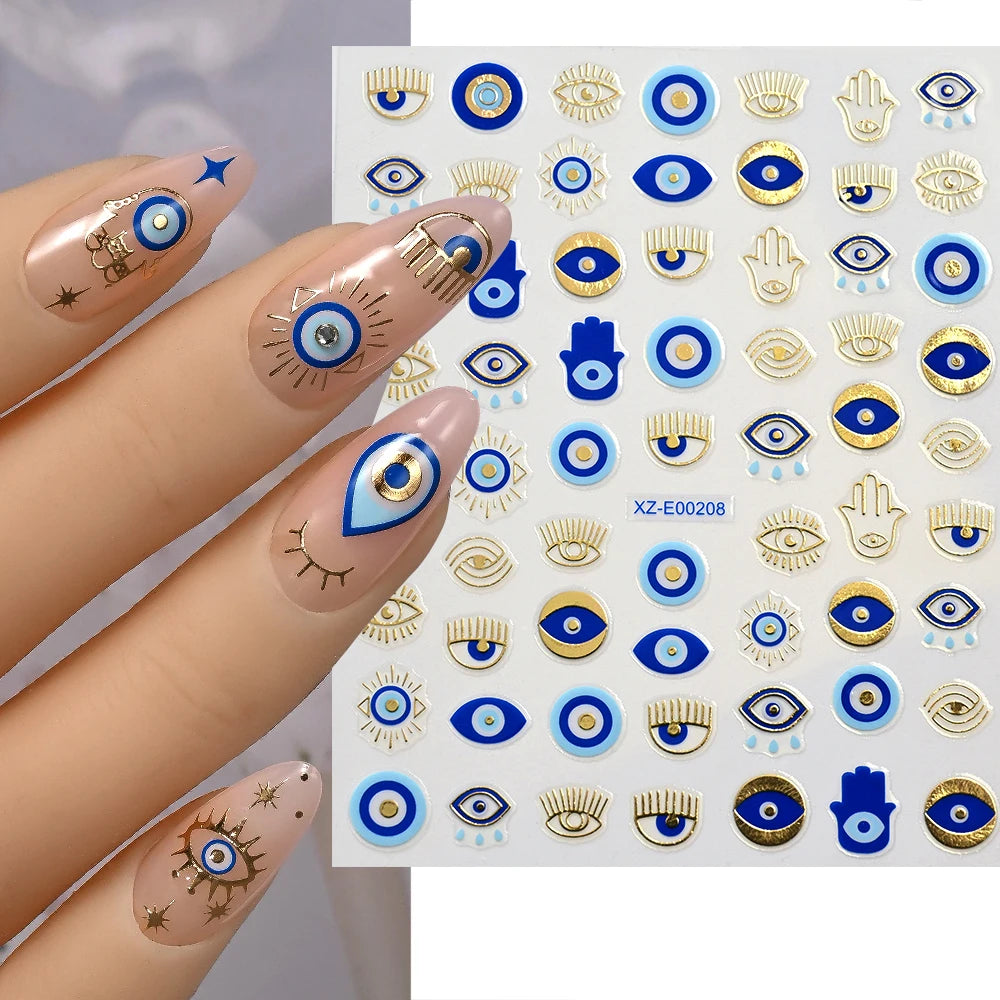 Evil Eye and Hamsa blue and gold-tone 3D nail sticker sheet with manicure preview