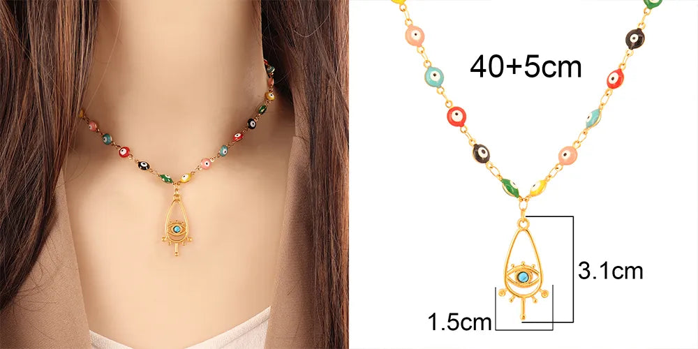 Vibrant Enamel Turkish Evil Eye Charm Necklace - Stainless Steel Beaded Choker for Women