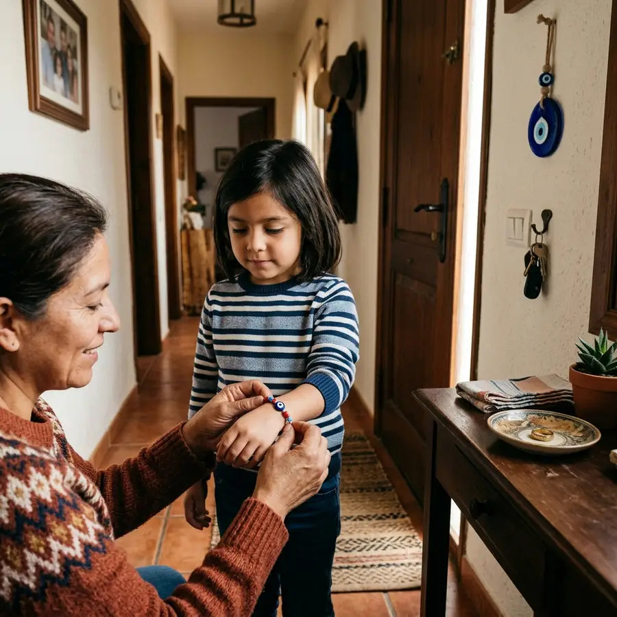 Adult fastening a red-and-blue evil eye bracelet on a child’s wrist near an inherited ceramic dish and a blue doorway charm
