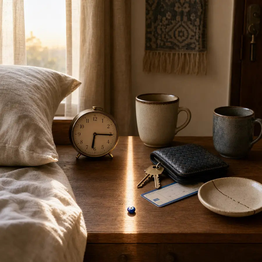 Two-column domestic still life comparing rumpled dawn bedding and early clock with misplaced keys, delayed ticket, separated