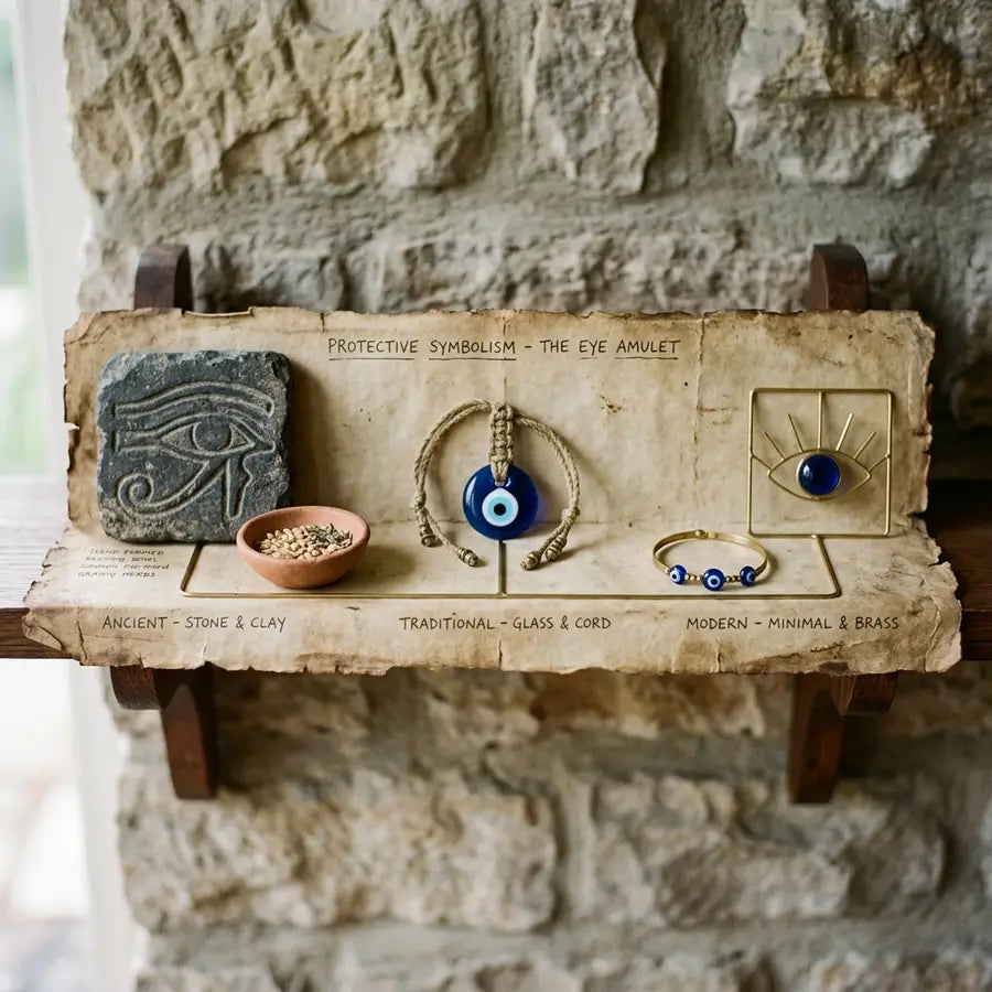 Three-object sequence from carved stone eye mark and blessing bowl to blue glass bead charm to modern bracelet and wall hangi