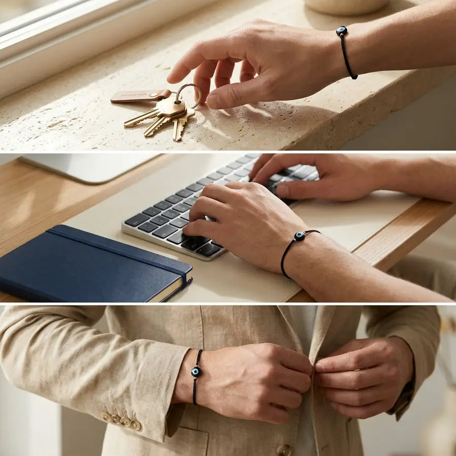 Black evil eye bracelet shown during three daily gestures: reaching for keys, typing, and fastening a jacket cuff.