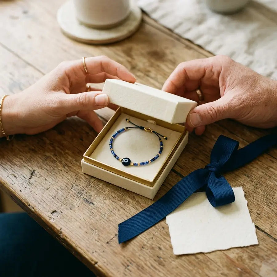 Hands opening an ivory jewelry box with a black evil eye bracelet, navy ribbon, and blank cream gift card.