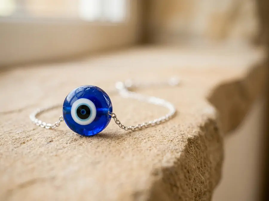 Blue glass nazar bead in sharp side view on a fine bracelet with beige stone blur behind it.