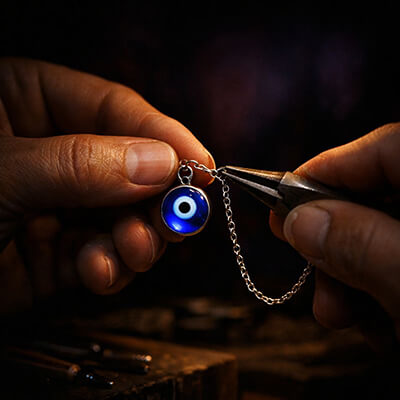 Skilled artisan hands carefully crafting an Evil Eye pendant, reflecting our dedication to fair trade practices, ethical sourcing, and small-batch production.