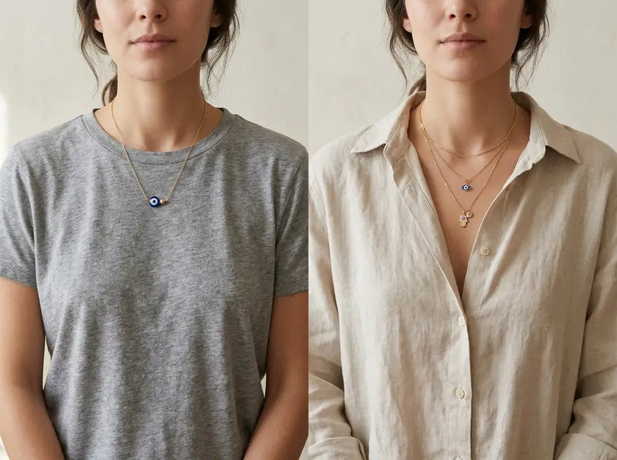 Crew tee with a simple two-piece eye pair beside an open collar with a lighter stack following its line