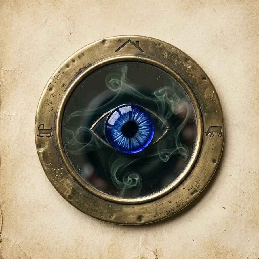 Cobalt eye reflected in an aged brass mirror with faint envy wisps and small cradle, house, and cow silhouettes at the edge.