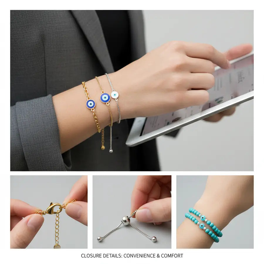Evil eye bracelet closure styles with clasp, slider, stretch, and cuff options