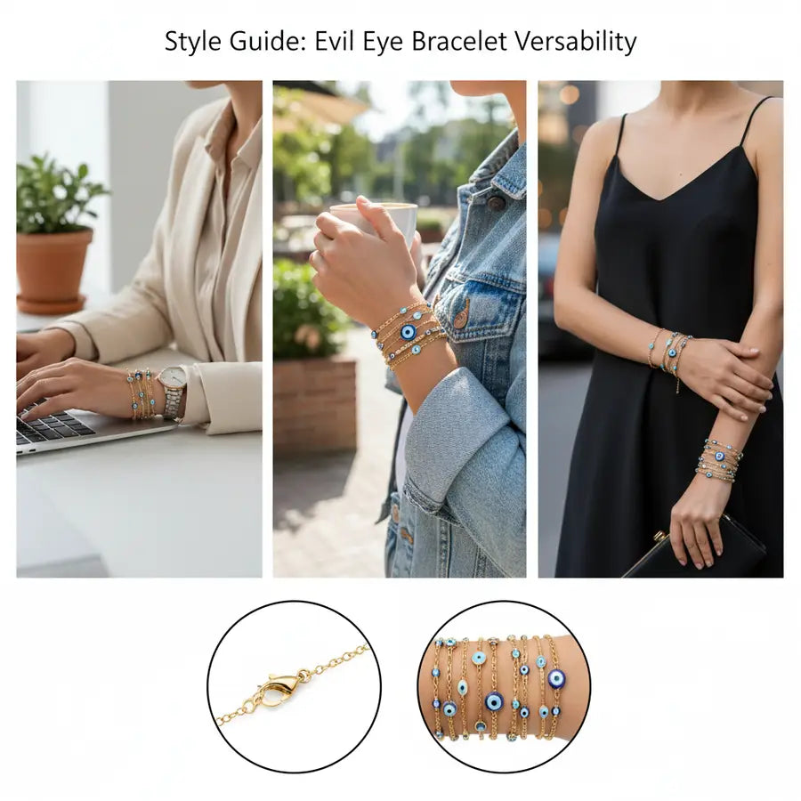 Evil eye bracelets styled with neutral office wear, weekend denim, and simple evening outfits