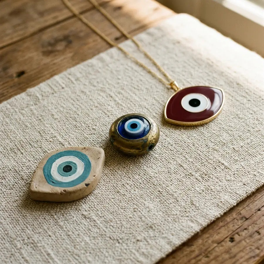 Three evil eye forms progress diagonally from handmade clay to worn bead to modern maroon pendant.