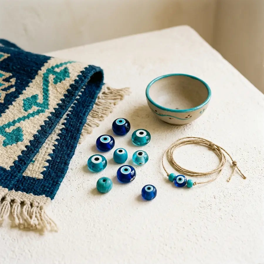 Handcrafted evil eye glass beads with woven textile, ceramic object, and jewelry cord on a warm white tabletop.
