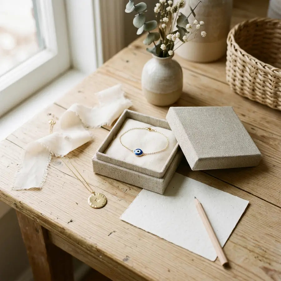 An open linen gift box holds an evil eye bracelet, with a small pendant, ribbon, and tiny desk accent nearby.
