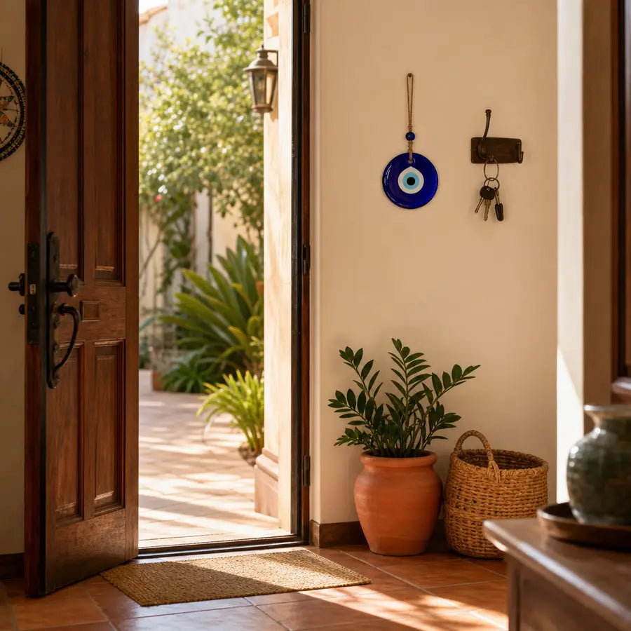 Blue evil eye wall hanging beside a front door with keys, terracotta planter, basket, and sunlight crossing the threshold