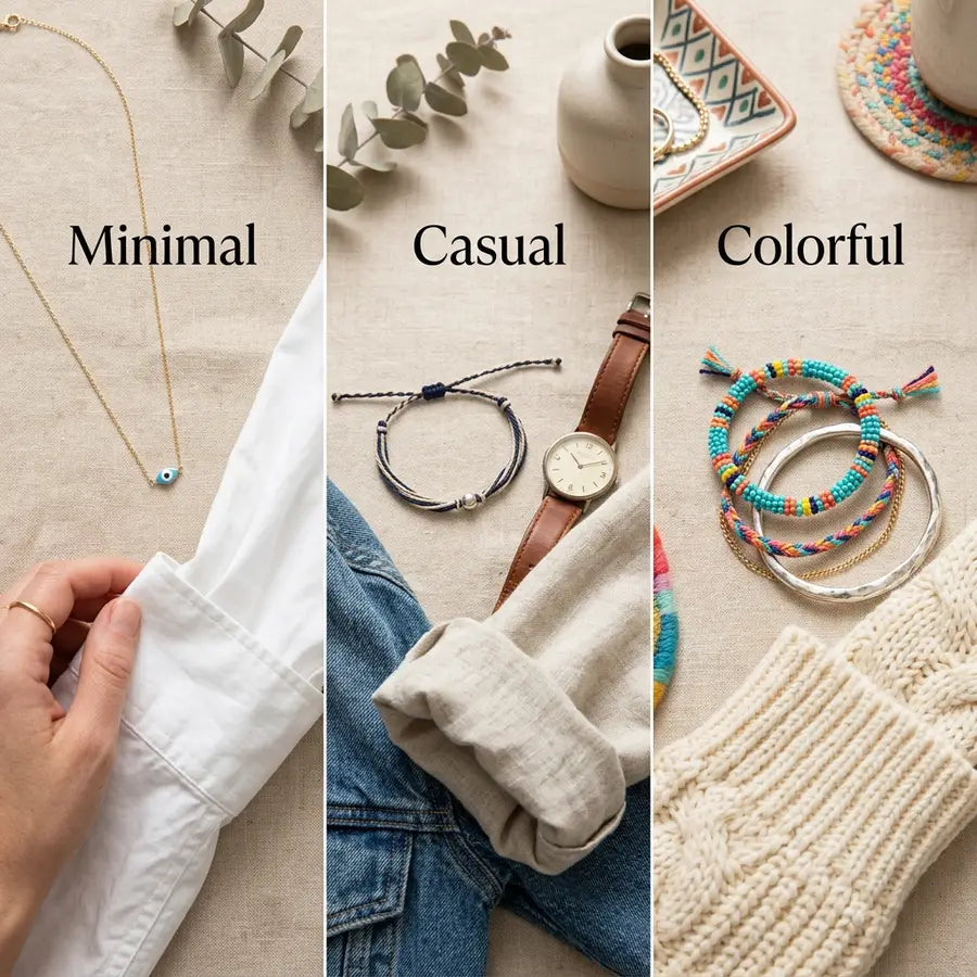 Three panels labeled Minimal, Casual, and Colorful with a necklace, cord bracelet, and beaded bangles.