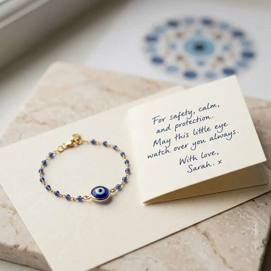 Blue beaded evil eye bracelet beside a handwritten card wishing safety, calm, and protection.