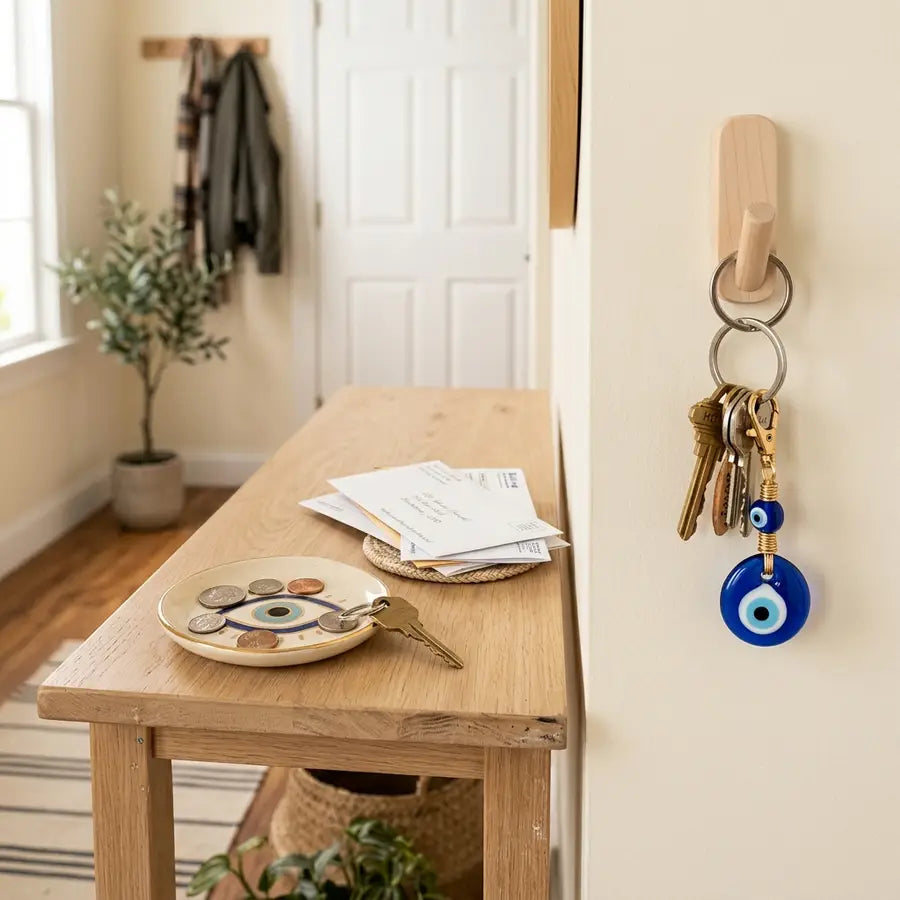 Blue evil eye keychain hanging by an entryway table with a matching trinket dish and spare key.