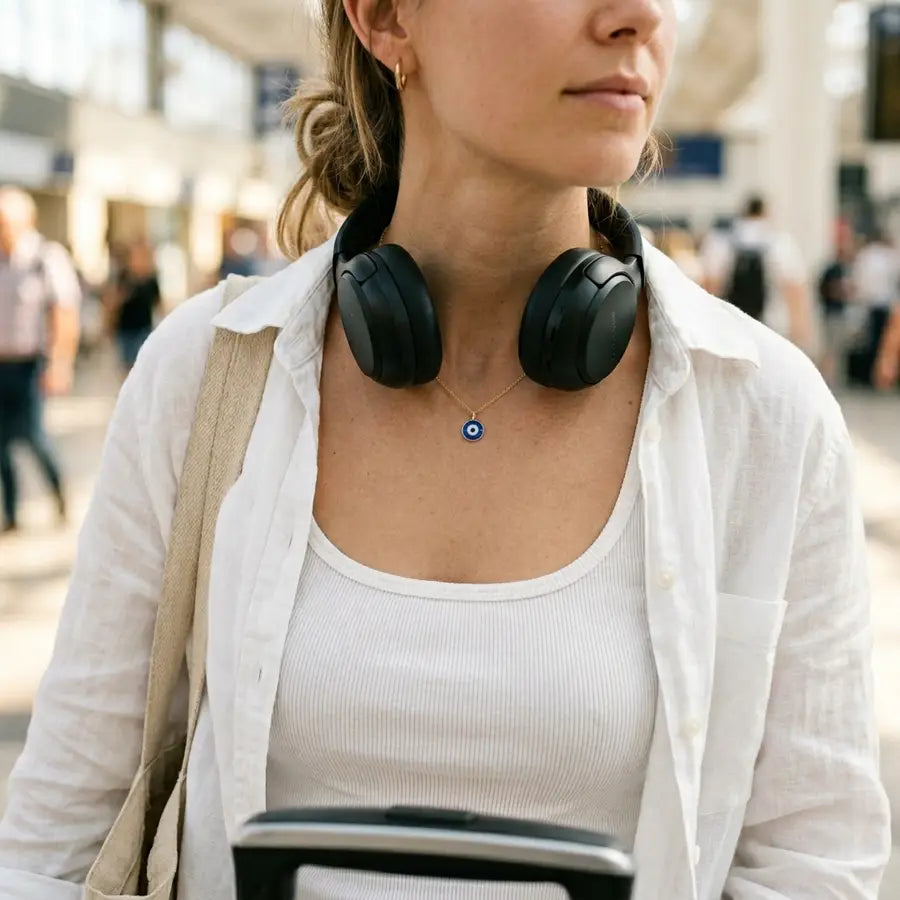 Flat evil eye pendant rests against a ribbed tank while headphones, a bag strap, and a suitcase handle blur behind it.
