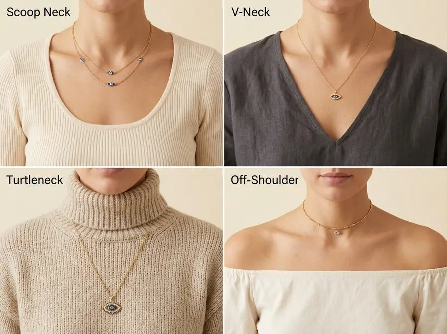 Four neckline panels pairing scoop, V-neck, turtleneck, and off-shoulder each with its matching evil eye necklace length