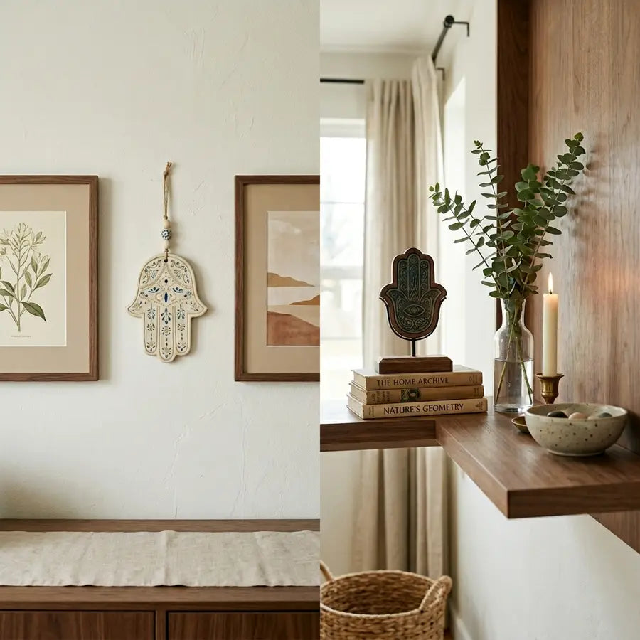 Interior scene with a Hamsa on a gallery wall and another Hamsa on a shelf beside books, candle, plant, and bowl.