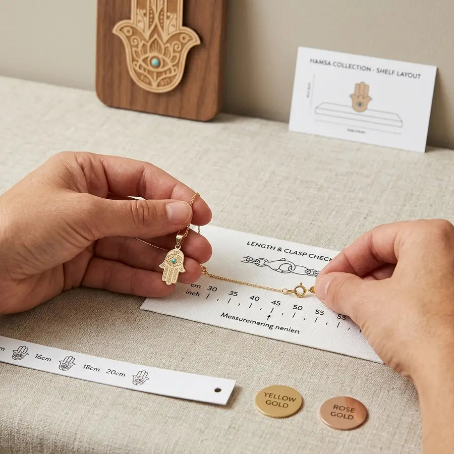 Hands checking a Hamsa necklace clasp and chain length beside a measuring card, bracelet sizer, and metal swatches.