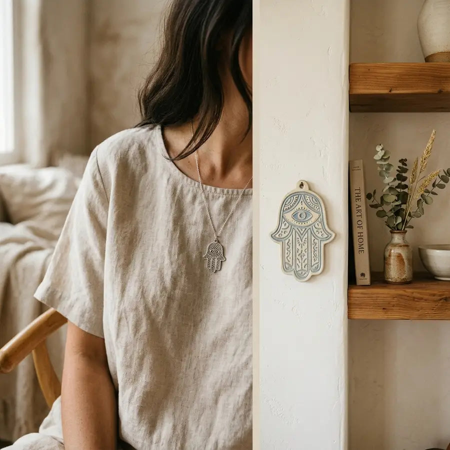Split scene comparing a Hamsa pendant worn at a linen neckline with a ceramic Hamsa displayed on a wall near a shelf.