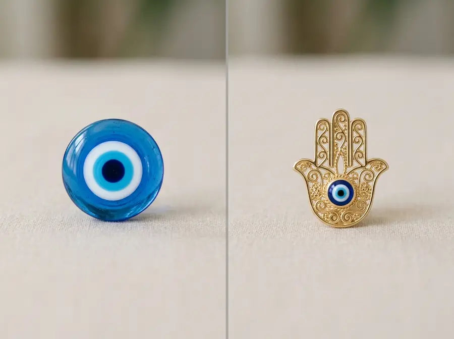 A standalone blue Evil Eye bead on the left and a gold Hamsa hand charm holding an eye on the right, equal size with a divide