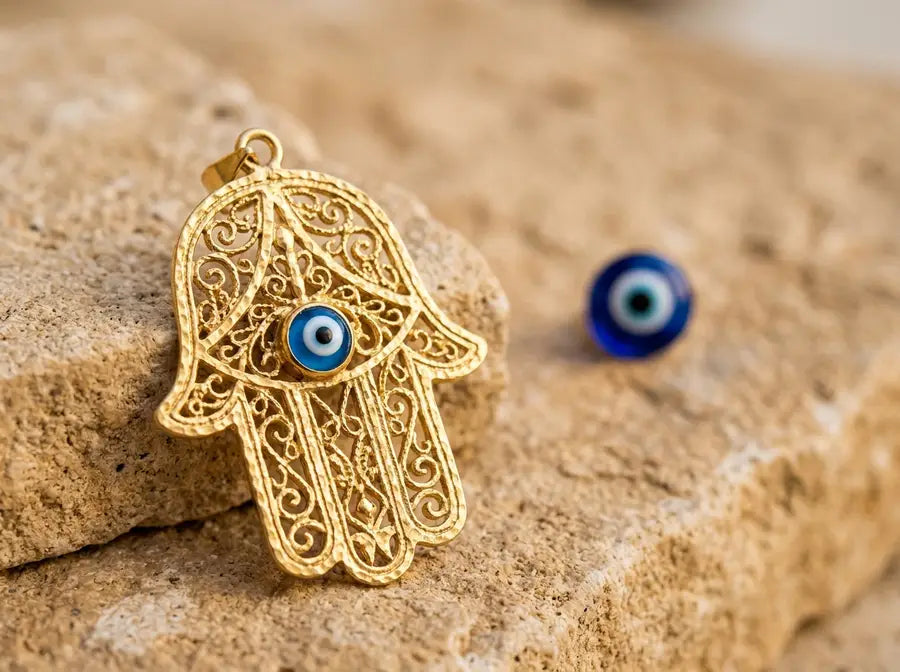 Sharp foreground Hamsa with a blue eye inside the palm and a blurred separate nazar bead behind it.