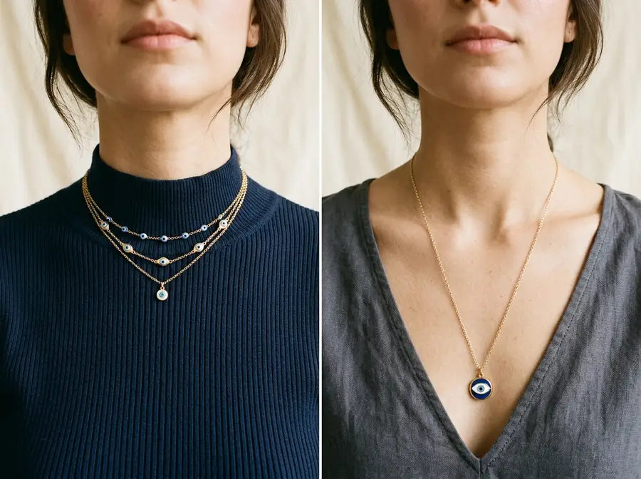 High closed collar crowding short eye layers beside a deep open neckline giving a longer pendant room to drop