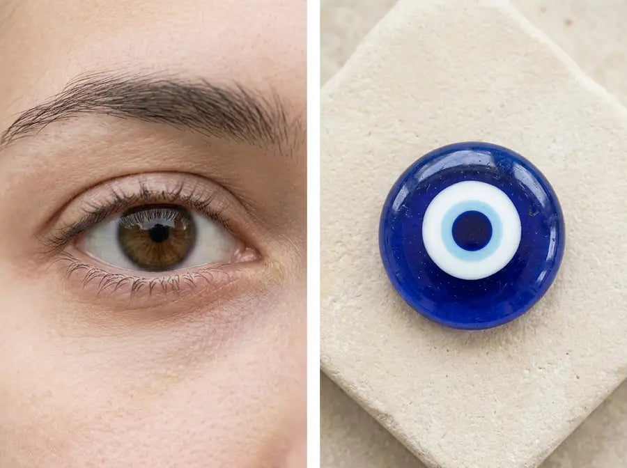 Close crop of a human eye beside a separate blue glass eye bead