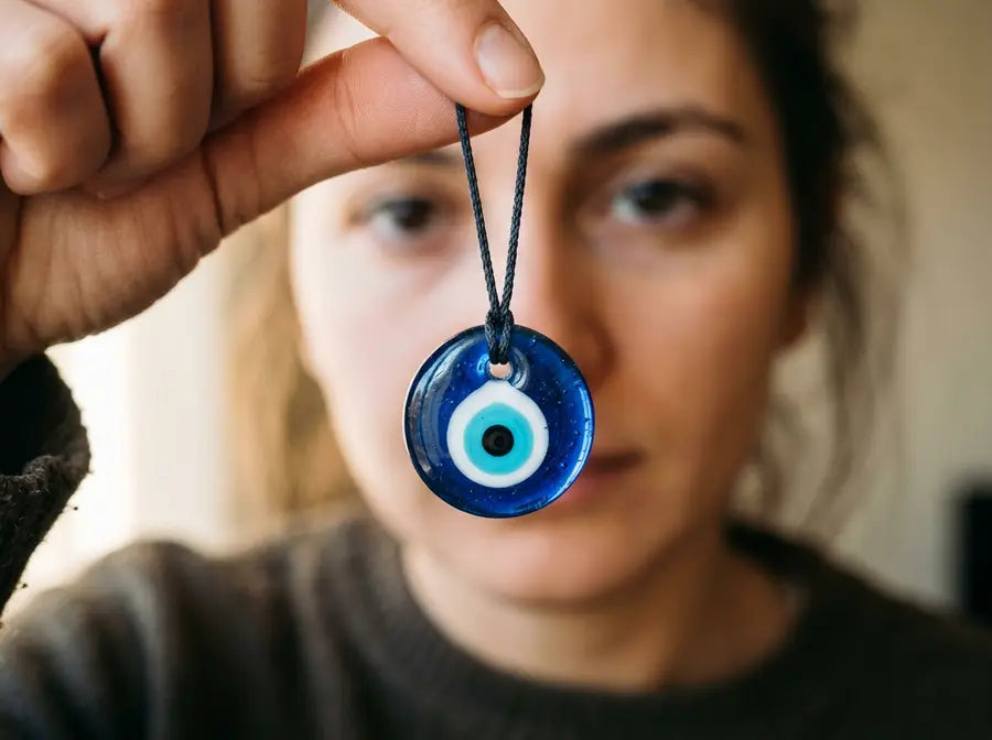 Fingers hold a layered Nazar necklace bead sharply before a softly focused neutral human gaze