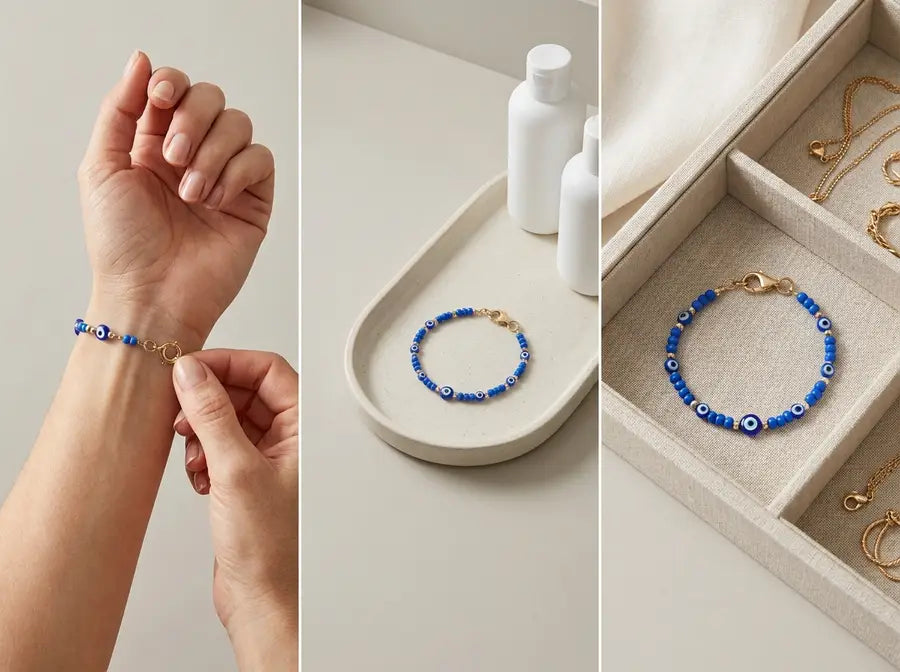 A three-scene routine fastens an opened bracelet around the wrist, removes it before water and personal-care exposure, and st