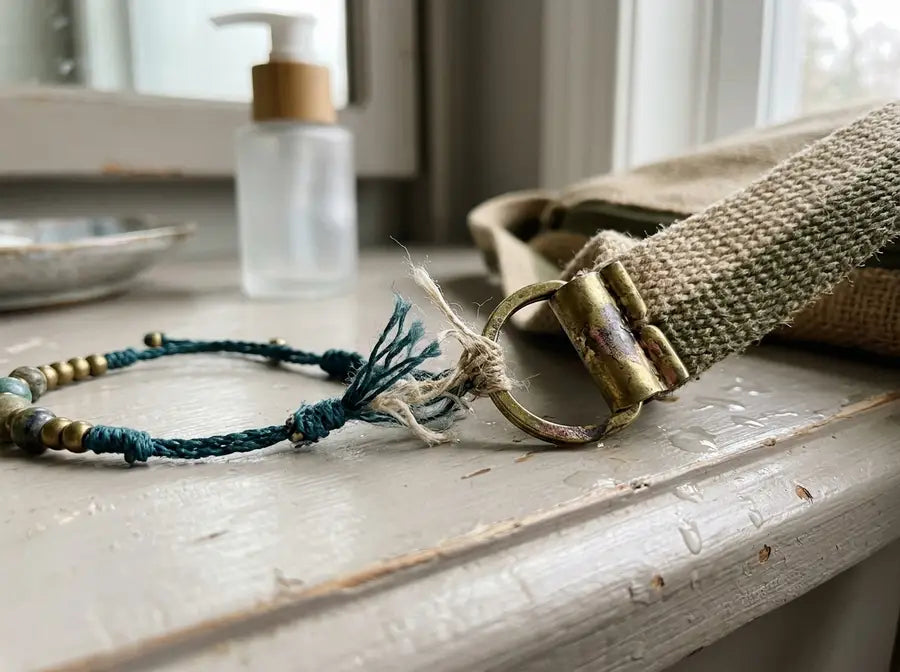 A frayed bracelet cord is caught beside a woven bag strap on a damp vanity, with discoloration around the pulled metal fittin